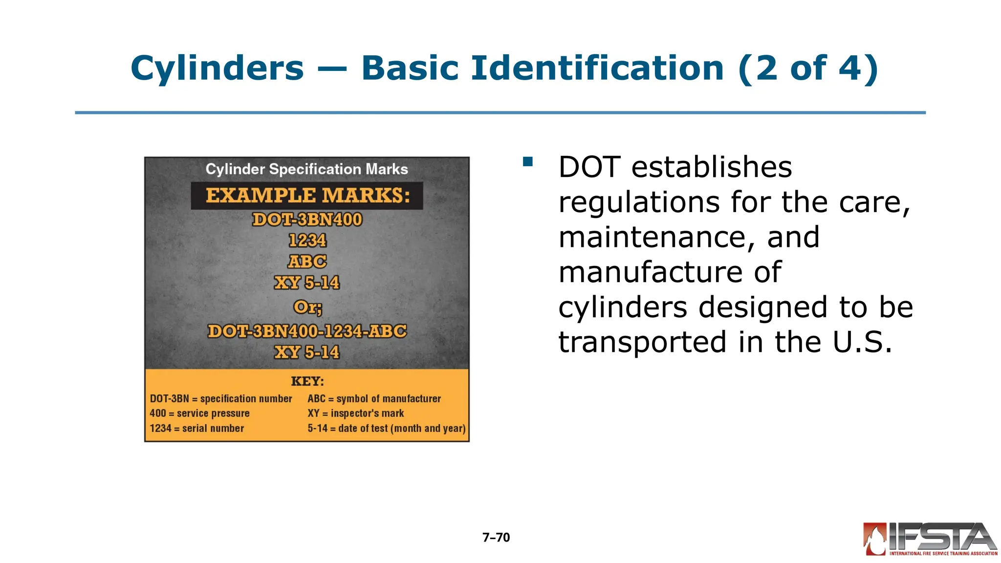 Cylinders — Basic Identification (2 of 4)
 DOT establishes
regulations for the care,
maintenance, and
manufacture of
cylinders designed to be
transported in the U.S.
7–70
 