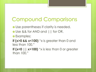 Compound Comparisons
? Use parentheses if clarity is needed.
? Use && for AND and || for OR.
? Examples:
if (x>0 && x<100) ¡°x is greater than 0 and
less than 100.¡±
If (x<0 || x>100) ¡°x is less than 0 or greater
than 100.¡±