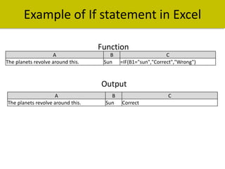 Example of If statement in Excel
Function
A
The planets revolve around this.

B
Sun

C
=IF(B1="sun","Correct","Wrong")

Output
A
The planets revolve around this.

B
Sun

C
Correct

 