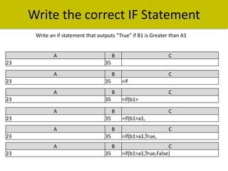 Write the correct IF Statement
Write an if statement that outputs “True” if B1 is Greater than A1

A
23

B
B

C

35
A

23

35
A

23

=if
B

35
A

23

=if(b1>

35

23

C

B

A

C
=if(b1>a1,

B
35

A

23

C

=if(b1>a1,True,
B

35

C
C
=if(b1>a1,True,False)

 