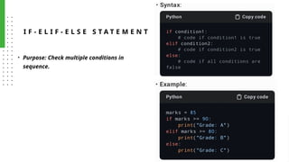 I F - E L I F - E L S E S T A T E M E N T
• Purpose: Check multiple conditions in
sequence.
 
