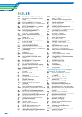 4_LES ANNExES


                                    siGles
                                    ADEME    Agence de l’environnement et de la maîtrise de l’énergie             MEDDTL       Ministère de l’écologie, du développement durable, des
                                    AErEs    Agence d’évaluation de la recherche et de l’enseignement                          transports et du logement
                                             supérieur                                                            MEsr         Ministère de l’enseignement supérieur et de la recherche
                                    AiPCr    Association mondiale de la route                                     oCDE         Organisation de coopération et de développement économiques
                                    ALLEnVi  Alliance nationale de recherche pour l’environnement                 oMs          Organisation mondiale de la santé
                                    AnCrE    Alliance nationale de coordination de la recherche pour l’énergie    onu          Organisation des Nations unies
                                    Anr      Agence nationale de la recherche                                     PACA         Provence- Alpes-Côte d’azur
                                    AnrT     Association nationale de la recherche et de la technologie           PCrD         Programme-cadre de recherche et de développement
                                    BrGM     Bureau de recherches géologiques et minières                         PiA          Programme d’investissements d’avenir
                                    CCrT     Centre conjoint de recherche sur les transports                      PrEDiTT      Programme de recherche et de développement pour l’innovation
                                    CCrrDT   Comité consultatif régional de la recherche et du                                 technologique dans les transports terrestres
                                             développement technologique                                          PrEs         Pôles de recherche et d’enseignement supérieur
                                    CECP     Centre d’étude et de conception des prototypes                       PsT          Pôle scientifique et technologique
                                    CEDr     Conférence européenne des directeurs des routes                      rATP         Régie autonome des transports parisiens
                                    CEMAGrEF Centre national du machinisme agricole, du génie rural, des          rFF          Réseau ferré de France
                                             eaux et des forêts                                                   rnE          Répertoire national des établissements
                                    CErTiFEr Agence de certification ferroviaire                                  rsT          Réseau scientifique et technique
                                    CErTu    Centre d’études sur les réseaux, les transports, l’urbanisme et      sATT         Société d’accélération du transfert de technologies
                                             les constructions publiques                                          sCsP         Subvention pour charge de service public
                                    CEr      Centre d’éducation routière                                          sETrA        Service d’études sur les transports, les routes et leurs
                                    CETE     Centre d’études techniques de l’équipement                                        aménagements
                                    CFTr     Comité français pour les techniques routières                        snCF         Société nationale des chemins de fer français
                                    CiFrE    Conventions industrielles de formation par la recherche              snDD         Stratégie nationale de développement durable
                                    CirAD    Centre de coopération internationale en recherche agronomique        snri         Stratégie nationale de recherche et d’innovation
                                             pour le développement                                                soErE        Système d’observation et d’expérimentation pour la recherche
                                    CnEs     Centre national d’études spatiales                                                en environnement
                                    Co       Contrat d’objectif                                                   sPi          Sciences pour l’ingénieur
                                    CoFrAC   Comité français d’accréditation                                      sPiGA        Sciences pour l’ingénieur, géosciences, architecture
                                    CsTB     Centre scientifique et technique du bâtiment                         sTAC         Service technique de l’aviation civile
                                    DGiTM    Direction générale des infrastructures, des transports               sTiM         Sciences et technologies de l’information et mathématiques
                                             et de la mer                                                         TrA          Transport Research Arena
                                    Dri      Direction recherche et innovation                                    TrB          Transportation Research Board
100
                                    DsCr     Délégation à la sécurité et à la circulation routières               uFr          Unité de formation et de recherche
                                    EnPC     École nationale des ponts et chaussées                               uPE-MLV      Université Paris-Est Marne-la-Vallée
                                    EnTPE    École nationale des travaux publics de l’État                        ur           Unité de recherche
                                    EPiC     Établissement public à caractère industriel et commercial            uMr          Unité mixte de recherche
                                    EPsT     Établissement public à caractère scientifique et technologique       usirF        Union des syndicats de l’industrie routière française
                                    EPsF     Établissement public de sécurité ferroviaire                         2rM          Deux routes motorisées
                                    EquiPEX  Équipements d’excellence
                                    EsPArr   Étude de suivi d’une population d’accidentés de la route             aBréViations des structures de
                                             dans le Rhône                                                        recHercHe de l’ifsttar
                                    ErT      Europe recherche transport                                           DEsT     Département économie et sociologie des transports
                                    FiT      Forum international des transports                                   EsTAs    Évaluation des systèmes de transports automatisés
                                    For      Forever Open Road                                                             et de leur sécurité
                                    GEri     Groupe d’échanges et de recherches de l’Ifsttar                      GEr      Département géotechnique, eau et risques
                                    GEs      Gaz à effet de serre                                                 GrETTiA  Génie des réseaux de transport terrestres et
                                    Gis      Groupement d’intérêt scientifique                                             informatique avancée
                                    HDr      Habilitation à diriger des recherches                                iM       Département infrastructures et mobilité
                                    iDDriM   Institut des routes, des rues et des infrastructures                 LBA      Laboratoire de biomécanique appliquée
                                             pour la mobilité                                                     LBMC     Laboratoire de biomécanique et mécanique des chocs
                                    iDEX     Initiatives d’excellence                                             LEMCo    Laboratoire de mesure et de la mobilité coopérative
                                    iEED     Instituts d’excellence en matière d’énergies décarbonées             LEosT    Laboratoire électronique ondes et signaux pour les transports
                                    iFsTTAr  Institut français des sciences et technologies des transports, de    LEPsis   Laboratoire exploitation, perception, simulateurs et simulations
                                             l’aménagement et des réseaux                                         LEsCoT   Laboratoire ergonomie et sciences cognitives pour
                                    iGn      Institut national de l’information géographique et forestière                 les transports
                                    inEris   Institut national de l’environnement industriel et des risques       LiCiT    Laboratoire d’ingénierie circulation transport
                                    inrA     Institut national de la recherche agronomique                        LiViC    Laboratoire interactions véhicules-infrastructures-conducteurs
                                    inrETs   Institut national de recherche sur les transports et leur sécurité   LPC      Laboratoire de psychologie de la conduite
                                    irsn     Institut de radioprotection et de sûreté nucléaire                   LTE      Laboratoire transport et environnement
                                    irsTV    Institut de recherche en sciences et techniques de la ville          LTn      Laboratoire des technologies nouvelles
                                    irT      Institut de recherche technologique                                  LVMT     Laboratoire ville, mobilité, transport
                                    iTs      Systèmes de transport intelligents                                   MA       Département mécanismes d’accidents
                                    LABEX    Laboratoires d’excellence                                            MACs     Département mesure, auscultation et calcul scientifique
                                    LCPC     Laboratoire central des ponts et chaussées                           MAT      Département matériaux
                                    LGV      Ligne à grande vitesse                                               soA      Département structures et ouvrages d’art
                                    LiEr     Laboratoire d’essais Inrets équipements de la route                  sPLoTT   Systèmes productifs, logistique, organisation des
                                    LnE      Laboratoire national de métrologie et d’essais                                transports et travail
                                    LrPC     Laboratoire régional des ponts et chaussées                          uMrEsTTE Unité mixte de recherche épidémiologique et de surveillance
                                    LuTB     Pôle de compétitivité transports collectifs urbains de personnes              transport travail environnement
                                             et de marchandises Lyon Urban Truck&Bus                              unEX     Unité d’essais expérimentaux

      ifsttar Institut français des sciences et technologies des transports, de l’aménagement et des réseaux
 