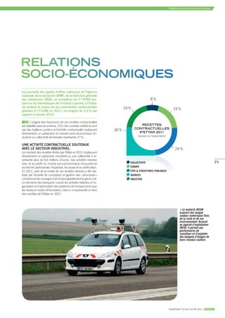 relations socio-économiques




relations
socio-éconoMiques
La poursuite des appels d’offres nationaux de l’agence
nationale de la recherche (anR), de la Direction générale
des entreprises (DGe), et européens du 7e PcRD por-                                             8%
tant sur les thématiques de l’institut a permis à l’ifsttar
de soutenir le niveau de ses commandes contractuelles                         19 %
globales à 17,6 m€ en 2011, en progrès de 2,2 % par
                                                                                                                  19 %
rapport à l’année 2010.

       L’origine des financeurs de ces recettes contractuelles
est détaillée dans le schéma. 73 % des contrats notifiés le sont                         recettes
                                                                                     contractuelles
par des bailleurs publics et l’activité contractuelle impliquant       30 %
directement un partenaire du monde socio-économique (in-                               ifsttar 2011
                                                                                      ORIGINE DU FINANCEMENT
dustriel ou collectivité territoriale) représente 27 %.

une activitÉ contRactueLLe soutenue
avec Le secteuR inDustRieL                                                                                         24 %
Le montant des recettes titrées par Ifsttar en 2011 impliquant
directement un partenaire industriel ou une collectivité a re-
présenté plus de 6,6 millions d’euros. Ces activités menées
avec et au profit du monde socio-économique recouvrent la                        COLLECTiViTÉ                                                       71
recherche partenariale, l’expertise, les essais et la certification.             EUROPE
En 2011, près de la moitié de ces recettes directes a été réa-                   ÉTaT & STRUCTURES PUBLiQUES
lisée par l’activité de conception et gestion des « structures »                 aGENCES
comprenant les ouvrages d’art et plus globalement le génie civil.                iNDUSTRiE
Le domaine des transports couvre les activités relatives à l’or-
ganisation et l’optimisation des systèmes de transport ainsi que
les secteurs routier et ferroviaire ; celui-ci a représenté un tiers
des recettes de l’Ifsttar en 2011.




                                                                                                                         Le matériel IRCAN 
                                                                                                                      acquiert des images 
                                                                                                                      couleur numériques fixes 
                                                                                                                      de la route et de son 
                                                                                                                      environnement. Associé 
                                                                                                                      au logiciel d’exploitation 
                                                                                                                      IREVE, il permet aux 
                                                                                                                      gestionnaires de 
                                                                                                                      constituer et d’exploiter 
                                                                                                                      des banques d’images de 
                                                                                                                      leurs réseaux routiers.




                                                                                                               rapport d’actIvIté 2011 ifsttar.fr
 