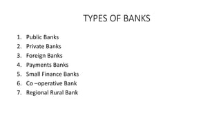 TYPES OF BANKS
1. Public Banks
2. Private Banks
3. Foreign Banks
4. Payments Banks
5. Small Finance Banks
6. Co –operative Bank
7. Regional Rural Bank
 