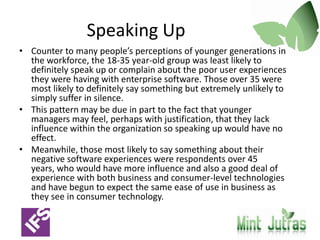 Business Intelligence (BI)Key FindingsOnce established in their careers, respondents were more likely to speak up about usability challenges in enterprise softwareInstead, younger professionals (between ages 18 and 35) were more likely to change jobs as the result of poorly-designed enterprise softwareThe quip “ERP stands for Excel Runs Production” is often true. When faced with usability challenges in the enterprise system of record, Microsoft Excel is the most frequent alternativeIn addition, when faced with usability challenges, respondents indicated they may also use a number of free or low-cost online tools including Google Docs and Dropbox.