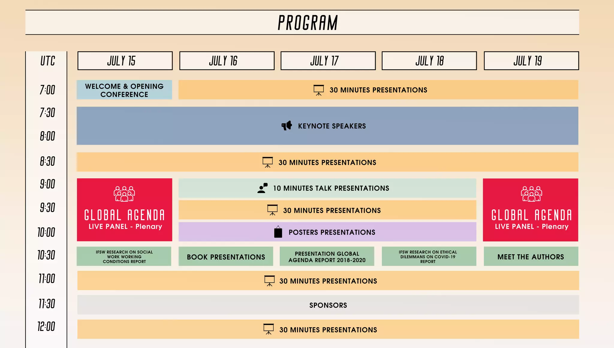 UTC
7:oo
7:3o
8:oo
8:3o
9:oo
9:3o
1o:oo
1o:3o
11:oo
11:3o
12:oo
WELCOME & OPENING
CONFERENCE
30 MINUTES PRESENTATIONS
KEYNOTE SPEAKERS
30 MINUTES PRESENTATIONS
LIVE PANEL - Plenary
GLOBAL AGENDA
LIVE PANEL - Plenary
GLOBAL AGENDA30 MINUTES PRESENTATIONS
10 MINUTES TALK PRESENTATIONS
POSTERS PRESENTATIONS
IFSW RESEARCH ON SOCIAL
WORK WORKING
CONDITIONS REPORT
BOOK PRESENTATIONS
PRESENTATION GLOBAL
AGENDA REPORT 2018-2020
IFSW RESEARCH ON ETHICAL
DILEMMANS ON COVID-19
REPORT
MEET THE AUTHORS
30 MINUTES PRESENTATIONS
SPONSORS
30 MINUTES PRESENTATIONS
PROGRAM
JULY 16JULY 15 JULY 17 JULY 18 JULY 19
