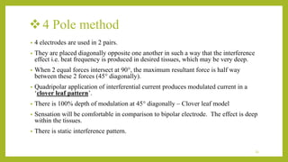 4 Pole method
• 4 electrodes are used in 2 pairs.
• They are placed diagonally opposite one another in such a way that the interference
effect i.e. beat frequency is produced in desired tissues, which may be very deep.
• When 2 equal forces intersect at 90°, the maximum resultant force is half way
between these 2 forces (45° diagonally).
• Quadripolar application of interferential current produces modulated current in a
‘clover leaf pattern’.
• There is 100% depth of modulation at 45° diagonally – Clover leaf model
• Sensation will be comfortable in comparison to bipolar electrode. The effect is deep
within the tissues.
• There is static interference pattern.
23
 