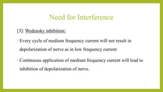 Need for Interference
[3]: Wedensky inhibition:
• Every cycle of medium frequency current will not result in
depolarization of nerve as in low frequency current
• Continuous application of medium frequency current will lead to
inhibition of depolarization of nerve.
7
 