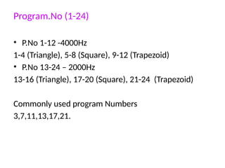 Program.No (1-24)
• P.No 1-12 -4000Hz
1-4 (Triangle), 5-8 (Square), 9-12 (Trapezoid)
• P.No 13-24 – 2000Hz
13-16 (Triangle), 17-20 (Square), 21-24 (Trapezoid)
Commonly used program Numbers
3,7,11,13,17,21.
 