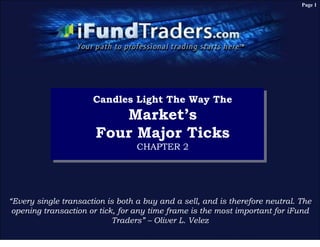 Page 1




                      Candles Light The Way The
                          Market’s
                       Four Major Ticks
                                  CHAPTER 2




“Every single transaction is both a buy and a sell, and is therefore neutral. The
 opening transaction or tick, for any time frame is the most important for iFund
                            Traders” – Oliver L. Velez
 