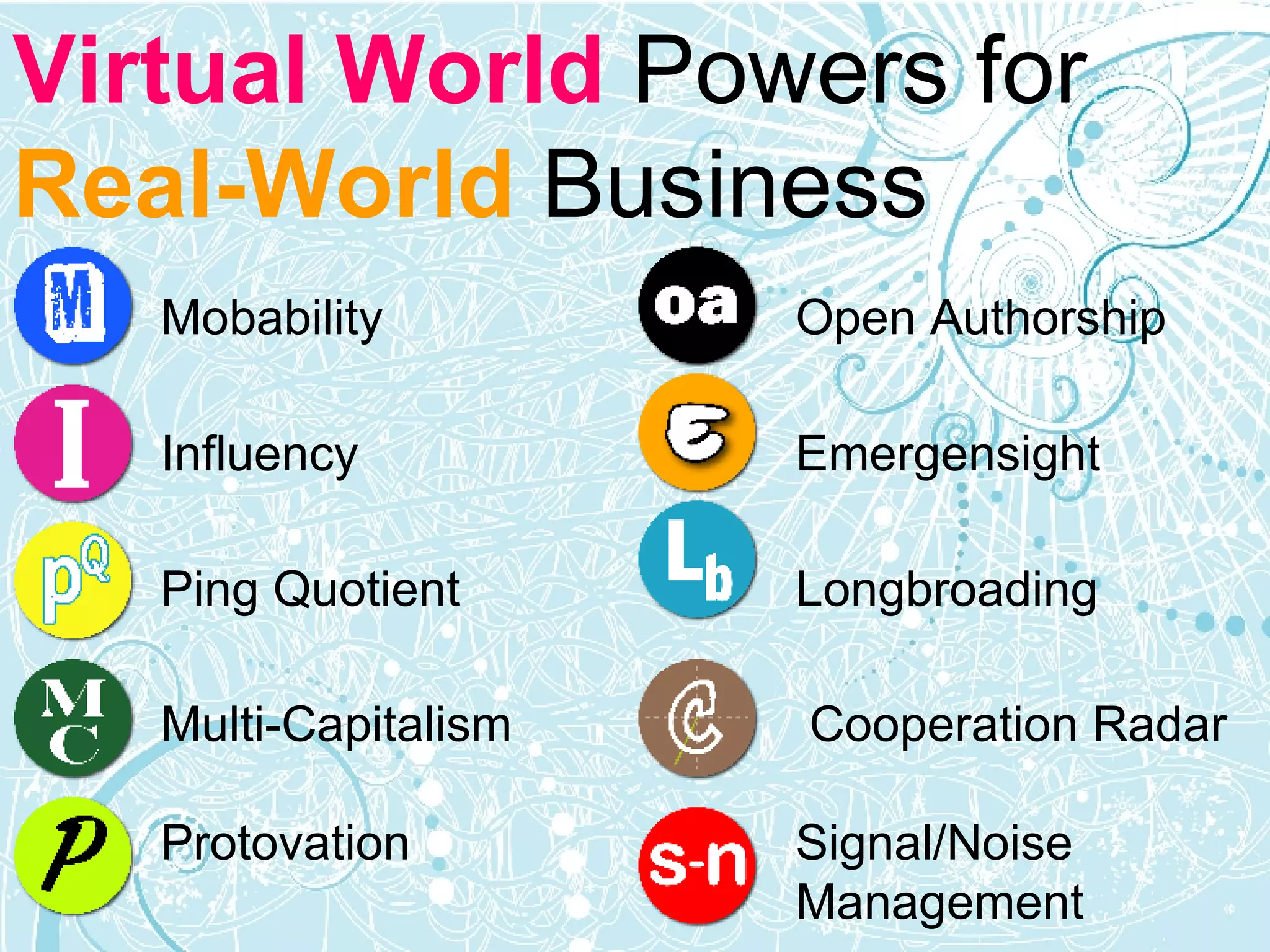 Virtual World  Powers for  Real-World  Business Mobability Open Authorship  Influency Emergensight  Ping Quotient  Longbroading  Multi-Capitalism   Cooperation Radar  Protovation  Signal/Noise  Management  