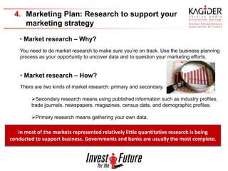 4. Marketing Plan: Research to support your
     marketing strategy

    • Market research – Why?
    You need to do market research to make sure you’re on track. Use the business planning
    process as your opportunity to uncover data and to question your marketing efforts.


    • Market research – How?
    There are two kinds of market research: primary and secondary.

         Secondary research means using published information such as industry profiles,
         trade journals, newspapers, magazines, census data, and demographic profiles.

         Primary research means gathering your own data.

   In most of the markets represented relatively little quantitative research is being
conducted to support business. Governments and banks are usually the most complete.
 