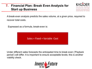 7. Financial Plan: Break Even Analysis for
   Start up Business

A break-even analysis predicts the sales volume, at a given price, required to
recover total costs.

 Expressed as a formula, break-even is:




                       Sales = Fixed + Variable Cost




Under different sales forecasts the anticipated time to break even (‘Payback
period’) will differ. It is important to ensure acceptable levels; this is another
viability check.
 