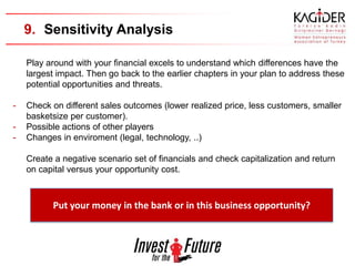 9. Sensitivity Analysis

    Play around with your financial excels to understand which differences have the
    largest impact. Then go back to the earlier chapters in your plan to address these
    potential opportunities and threats.

-   Check on different sales outcomes (lower realized price, less customers, smaller
    basketsize per customer).
-   Possible actions of other players
-   Changes in enviroment (legal, technology, ..)

    Create a negative scenario set of financials and check capitalization and return
    on capital versus your opportunity cost.



          Put your money in the bank or in this business opportunity?
 