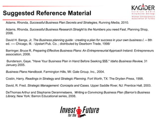 Suggested Reference Material
Adams. Rhonda, Successful Business Plan:Secrets and Strategies, Running Media, 2010.

Adams. Rhonda, Successful Business Research:Straight to the Numbers you need Fast, Planning Shop,
2006.

David H. Bangs, Jr, The Business planning guide : creating a plan for success in your own business /. -- 8th
ed. ---- Chicago, Ill. : Upstart Pub. Co. ; distributed by Dearborn Trade, 1998/

Barringer, Bruce R, Preparing Effective Business Plans: An Entrepreneurial Approach Ireland: Entrepreneurs
association, 2008.

 Bunderson, Gaye. "Have Your Business Plan in Hand Before Seeking $$$." Idaho Business Review, 31
January 2005.

Business Plans Handbook. Farmington Hills, MI: Gale Group, Inc., 2004.

Costin, Harry. Readings in Strategy and Strategic Planning. Fort Worth, TX: The Dryden Press, 1998.

David, R. Fred. Strategic Management: Concepts and Cases. Upper Saddle River, NJ: Prentice Hall, 2003.

DeThomas Arthur and Stephanie Derammelaere, Writing a Convincing Business Plan (Barron's Business
Library, New York: Barron Educational series, 2008.
 