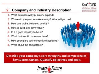 2. Company and Industry Description
1. What business will you enter / expand?
2. Where do you plan to make money? What will you do?
3. How can profits be raised quickly?
4. How to build long term value?
5. Is it a good industry to be in?
6. What do / would customers think?
7. How strong are your competitive positions?
8. What about the competitors?



Describe your company’s core strengths and competencies,
    key success factors. Quantify objectives and goals
 