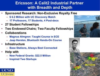 Ericsson: A Calit2 Industrial Partner  with Breadth and Depth Sponsored Research: Non-Exclusive Royalty Free $ 6.2 Million with UC Discovery Match 17 Professors, 17 Students, 4 Post-docs 27 Student Fellowships Two Endowed Chairs; Two Faculty Fellowships Collaborations Magnus Almgren: Taught Course in ECE Jaap Harsten, Bluetooth Hands-On Course Infrastructure Base Stations, Always Best Connected Help with New Federal Grants: $22.5 Million Inspired Two Startups Microlink Ericsson UCSD 