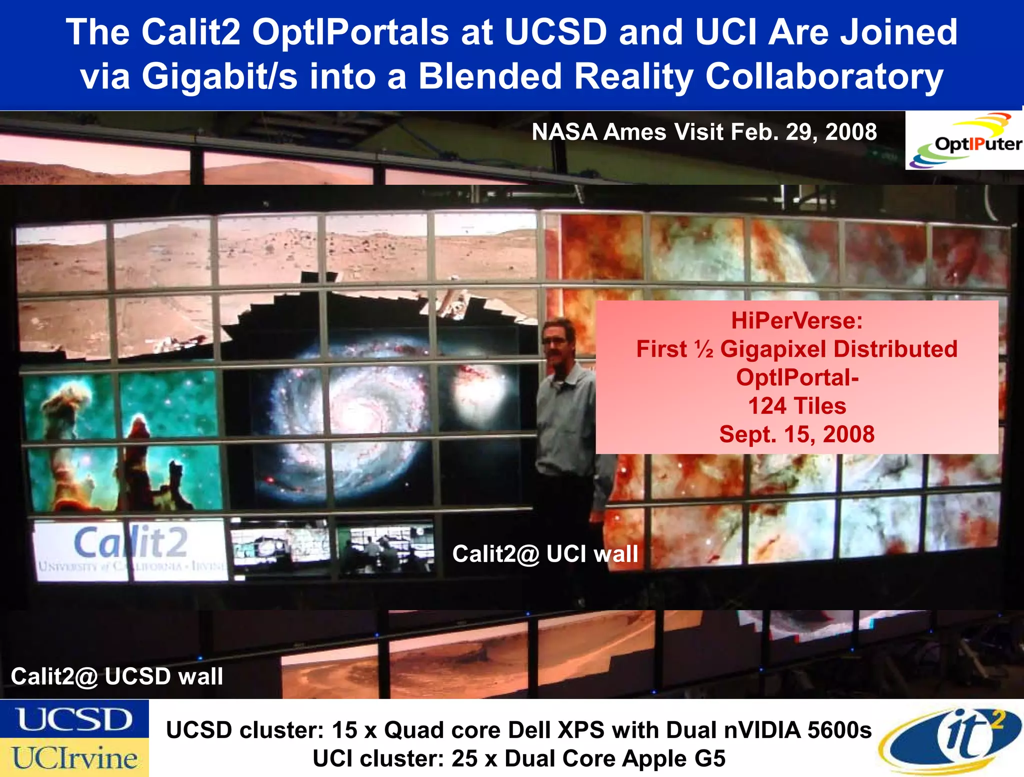 The Calit2 OptIPortals at UCSD and UCI Are Joined
     via Gigabit/s into a Blended Reality Collaboratory
                                           NASA Ames Visit Feb. 29, 2008




                                                            HiPerVerse:
                                                   First ½ Gigapixel Distributed
                                                            OptIPortal-
                                                             124 Tiles
                                                           Sept. 15, 2008




                                    Calit2@ UCI wall




Calit2@ UCSD wall

            UCSD cluster: 15 x Quad core Dell XPS with Dual nVIDIA 5600s
                        UCI cluster: 25 x Dual Core Apple G5
 