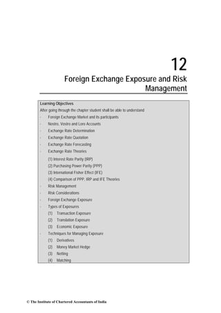 12
                        Foreign Exchange Exposure and Risk
                                              Management
        Learning Objectives
        After going through the chapter student shall be able to understand
        ·    Foreign Exchange Market and its participants
        ·    Nostro, Vostro and Loro Accounts
        ·    Exchange Rate Determination
        ·    Exchange Rate Quotation
        ·    Exchange Rate Forecasting
        ·    Exchange Rate Theories
             (1) Interest Rate Parity (IRP)
             (2) Purchasing Power Parity (PPP)
             (3) International Fisher Effect (IFE)
             (4) Comparison of PPP, IRP and IFE Theories
        ·    Risk Management
        ·    Risk Considerations
        ·    Foreign Exchange Exposure
        ·    Types of Exposures
             (1)   Transaction Exposure
             (2)   Translation Exposure
             (3)   Economic Exposure
        ·    Techniques for Managing Exposure
             (1)   Derivatives
             (2)   Money Market Hedge
             (3)   Netting
             (4)   Matching




© The Institute of Chartered Accountants of India
 