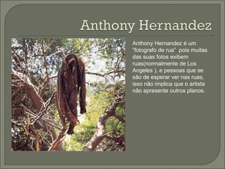 Anthony Hernandez é um “fotografo de rua”  pois muitas das suas fotos exibem ruas(normalmente de Los Angeles ), e pessoas que se são de esperar ver nas ruas, isso não implica que o artista não apresente outros planos. 