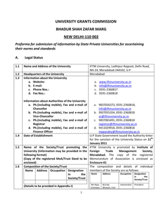 1
UNIVERSITY GRANTS COMMISSION
BHADUR SHAH ZAFAR MARG
NEW DELHI-110 002
Proforma for submission of information by State Private Universities for ascertaining
their norms and standards
A. Legal Status
1.1 Name and Address of the University IFTM University, Lodhipur-Rajpoot, Delhi Road,
NH-24, Moradabad-244102, U.P
1.2 Headquarters of the University Moradabad
1.3 Information about the University
a. Website:
b. E-mail:
c. Phone Nos.:
d. Fax Nos.:
Information about Authorities of the University
a. Ph.(including mobile), Fax and e-mail of
Chancellor
b. Ph.(including mobile), Fax and e-mail of
Vice-Chancellor
c. Ph.(including mobile), Fax and e-mail of
Registrar
d. Ph.(including mobile), Fax and e-mail of
Finance Officer
a. www.iftmuniversity.ac.in
b. info@iftmuniversity.ac.in
c. 0591-2360817
d. 0591-2360818
a. 9837026373, 0591-2360818,
Info@iftmuniversity.ac.in
b. 9927055354, 0591-2360818
vc@iftmuniversity.ac.in
c. 9837065491, 0591-2360818
registrar@iftmuniversity.ac.in
d. 9411029918, 0591-2360818
mppandey@iftmuniversity.ac.in
1.4 Date of Establishment U.P State Government issued the Authority letter
for the sanction of the University Status on 11th
January 2011
1.5 Name of the Society/Trust promoting the
University (Information may be provided in the
following format)
(Copy of the registered MoA/Trust Deed to be
enclosed)
IFTM University is promoted by Institute of
Foreign Trade Management Society,
Moradabad. The copy of the registered
Memorandum of Association is enclosed as
Enclosure-01
1.6 Composition of the Society/Trust
Name Address Occupation Designation
in the
Society/Trust
(Details to be provided in Appendix-I)
The composition and details of individual
members of the Society are as follows:
Name Address Occupation Designation
in the
Society/Trust
Mr Rajiv
Kothiwal
Brij Raj
Bhawan, Civil
Industrialist President
 