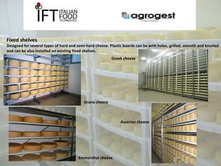 Fixed shelves 
Designed for several types of hard and semi-hard cheese. Plastic boards can be with holes, grilled, smooth and knurled 
and can be also installed on existing fixed shelves. 
Grana cheese 
Greek cheese 
Emmenthal cheese 
Austrian cheese 
 
