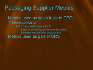 Packaging Supplier Metrics
Metrics used as sales tools to CPGs
Much confusion
BASF eco-efficiency tool
Basis in economy, e...
