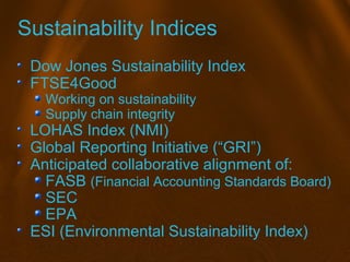 Sustainability Indices
Dow Jones Sustainability Index
FTSE4Good
Working on sustainability
Supply chain integrity
LOHAS Ind...