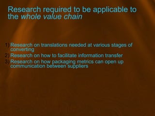 Research required to be applicable to
the whole value chain
1) Research on translations needed at various stages of
conver...