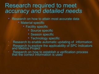 Research required to meet
accuracy and detailed needs
Research on how to attain most accurate data
Material specific
Facil...