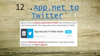 12 .App.net to
Twitter
Visit: http://topanalyticalvirtualassistantforbusiness.com 27
 