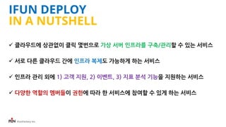 iFunFactory Inc.
IFUN DEPLOY
IN A NUTSHELL
 클라우드에 상관없이 클릭 몇번으로 가상 서버 인프라를 구축/관리할 수 있는 서비스
 서로 다른 클라우드 간에 인프라 복제도 가능하게 하는 서비스
 인프라 관리 외에 1) 고객 지원, 2) 이벤트, 3) 지표 분석 기능을 지원하는 서비스
 다양한 역할의 멤버들이 권한에 따라 한 서비스에 참여할 수 있게 하는 서비스
 