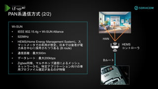 Wi-SUN
• IEEE 802.15.4g + Wi-SUN Alliance
• 920MHz
• HEMS(Home Energy Management System)、ス
マートメータでの利用が想定。日本では後者が電
力系を中心に採用されつつある (B route)
• 通信距離：最大500m
• データレート：最大200kbps
• Zigbee同様、マルチホップ通信によるメッシュ
ネットワーク化、特定アプリケーション向けの専
用プロファイル規定があるのが特徴
PAN系通信方式 (2/2)
Bルート
HAN
HEMS
コントローラ
 