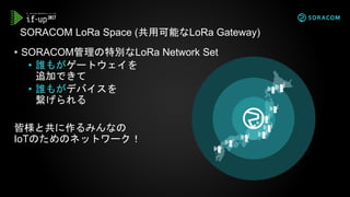 • SORACOM管理の特別なLoRa Network Set
• 誰もがゲートウェイを
追加できて
• 誰もがデバイスを
繋げられる
皆様と共に作るみんなの
IoTのためのネットワーク！
SORACOM LoRa Space (共用可能なLoRa Gateway)
 
