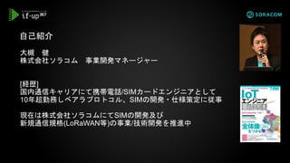 大槻 健
株式会社ソラコム 事業開発マネージャー
[経歴]
国内通信キャリアにて携帯電話/SIMカードエンジニアとして
10年超勤務しベアラプロトコル、SIMの開発・仕様策定に従事
現在は株式会社ソラコムにてSIMの開発及び
新規通信規格(LoRaWAN等)の事業/技術開発を推進中
自己紹介
 