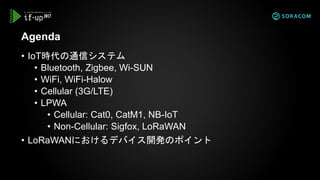 • IoT時代の通信システム
• Bluetooth, Zigbee, Wi-SUN
• WiFi, WiFi-Halow
• Cellular (3G/LTE)
• LPWA
• Cellular: Cat0, CatM1, NB-IoT
• Non-Cellular: Sigfox, LoRaWAN
• LoRaWANにおけるデバイス開発のポイント
Agenda
 
