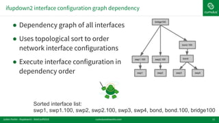ifupdown2 interface configuration graph dependency
12
Sorted interface list: 
swp1, swp1.100, swp2, swp2.100, swp3, swp4, bond, bond.100, bridge100
cumulusnetworks.comJulien Fortin - ifupdown2 - DebConf2016
! Dependency graph of all interfaces
! Uses topological sort to order
network interface configurations
! Execute interface configuration in
dependency order
 
