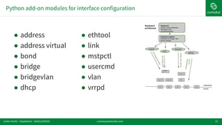 Python add-on modules for interface configuration
21
! address
! address virtual
! bond
! bridge
! bridgevlan
! dhcp
! ethtool
! link
! mstpctl
! usercmd
! vlan
! vrrpd
cumulusnetworks.comJulien Fortin - ifupdown2 - DebConf2016
 