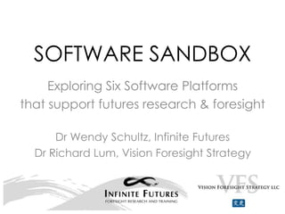 SOFTWARE SANDBOX
Exploring Six Software Platforms
that support futures research & foresight
Dr Wendy Schultz, Infinite Futures
Dr Richard Lum, Vision Foresight Strategy
 