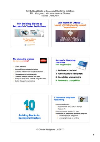 Ten Building Blocks to Successful Clustering Initiatives
TCI Congreso Latinoamericano de Clusters
Tijuana June 2017
© Cluster Navigators Ltd 2017
1
.
Ten Building Blocks to
Successful Cluster Initiatives
Ifor Ffowcs-Williams
New Zealand
Twitter: @e4clusterguy
.
Last month in Ottawa …
Launch of $950m fund to support
“superclusters”
.
The clustering process
But what can go wrong?
•  Cluster definition
•  Removed from private sector culture
•  Clustering initiative fails to capture attention
•  Capture by narrow interest groups
•  Clustering initiative unable to find space
•  Clumps of stand-alone, vertically integrated firms
•  Clutter of support organisations
.
Successful Clustering
Initiatives
Four key principles
1.  Business in the lead
2.  Public Agencies in support
3.  Knowledge underpinning
4. Teamwork, co-opetition
.
Building Blocks to
Successful Clusters
.
1. Demands long-term
resourcing
•  Cluster development …
•  Fundamentally about culture changes
•  No quick fix
•  Long-term public support, 5+ years
•  Principals in resourcing a cluster program
1.  Selection through competition
2.  Leveraging through co-funding
 