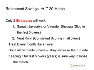 Retirement Savings in 20th and 21st Century
20th Century
• Managed by company
• 12%-12%-12%  Guaranteed
pension for life time
21st Century
• Best Plan from company–
12%-12%-8.5% (only 20% of
companies offer)
• What 12% 8.5% means ?
• Employee has to double the
contribution -12% to 24%
• If company has no EPF
Scheme – then Employee to
save 25% on own every month
 