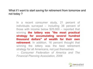 Retirement Savings - T 20 Match
Only 2 Strategies will work
1. Sanath Jaysuriya or Virender Shewag (Slog in
the first 5 overs)
2. Virat Kohli (Consistent Scoring in all overs)
Treat Every month like an over
Don’t allow maiden overs – They increase the run rate
Keeping it for last 5 overs (years) is sure way to loose
the match
 