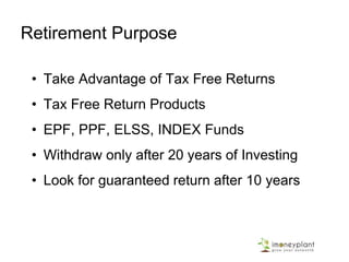Short term needs
• Take “0” Risk  “0” Return is OK
• Protect the Capital
• “0” Risk Investment – Only FD or RD
 