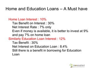 Save Tax or Increase Net Income
80 C
1. EPF
2. PPF (or for those with Self Discipline
ELSS from Mutual Funds)
3. Company Sponsored NPS
4. Principal Repayment on Housing
Loan
5. School fees for upto 2 children
Medical Insurance Premiums
Rs.15000 for Self and Rs.20000 for Sr.
Citizen Parents
Interest Payments on Housing Loan or
Education Loan
1. Rs.2,00,000 for Self Occupied house
2. Unlimited for Rented House
3. Unlimited for Education Loan
Have more Exempt Income
HRA, Dividend, Other Tax Free
Income
Tax Benefits
80 C 80 D Set off
Limit Rs
1,50,000
Rs 15,000
for Self,
Rs 20,000
for Sr
Citizen
Parents
Rs
2,00,000
Interest
paid on
self
occupied
house,
Unlimited
interest
on house
given on
rent and
education
loan
10% Rs 15,000 Rs 3500 Rs 20,000
20% Rs 30,000 Rs 7000 Rs 40,000
30% Rs 45,000 Rs 10,500 Rs 60,000
 