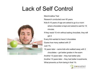 Lack of Self Control
Marshmallow Test
Research conducted over 40 years
Kids 6-10 years of age are asked to go to a room
where chocolate is kept and asked to wait for 15
minutes
If they resist 15 min without eating chocolate, they will
get 2
Every Kid wanted to have 2 chocolates
Guess how many walked with 2?
Just 1%
10 years later – same kids who walked away with 2
chocolates – got better grades in the exam
Another 10 years later – they had better jobs
Another 10 years later – they had better investments
What prevents us from being in that 1%
 
