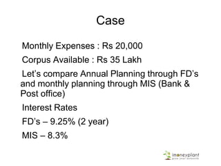 Case
Monthly Expenses : Rs 20,000
Corpus Available : Rs 35 Lakh
Let’s compare Annual Planning through FD’s
and monthly planning through MIS (Bank &
Post office)
Interest Rates
FD’s – 9.25% (2 year)
MIS – 8.3%
 