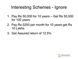Interesting Schemes - Ignore
1. Pay Rs 50,000 for 10 years – Get Rs 50,000
for 100 years
2. Pay Rs 5250 per month for 10 years get Rs
10 Lakhs
3. Get Assured return of 12.5%
 