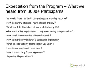 Expectation from the Program – What we
heard from 3000+ Participants
Where to Invest so that I can get regular monthly income?
How do I know whether I have enough money?
What can I do if fall short of money later in my life?
What are the tax implications on my leave salary compensation ?
How can I save more tax after retirement ?
How to mange my children’s education expenses?
What do I do with my Home loan / Car Loan ?
How to manage health care cost ?
How to control my future expenses ?
Any other Expectations ?
 
