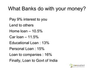 What Banks do with your money?
Pay 9% interest to you
Lend to others
Home loan – 10.5%
Car loan – 11.5%
Educational Loan : 13%
Personal Loan : 15%
Loan to companies : 16%
Finally, Loan to Govt of India
 