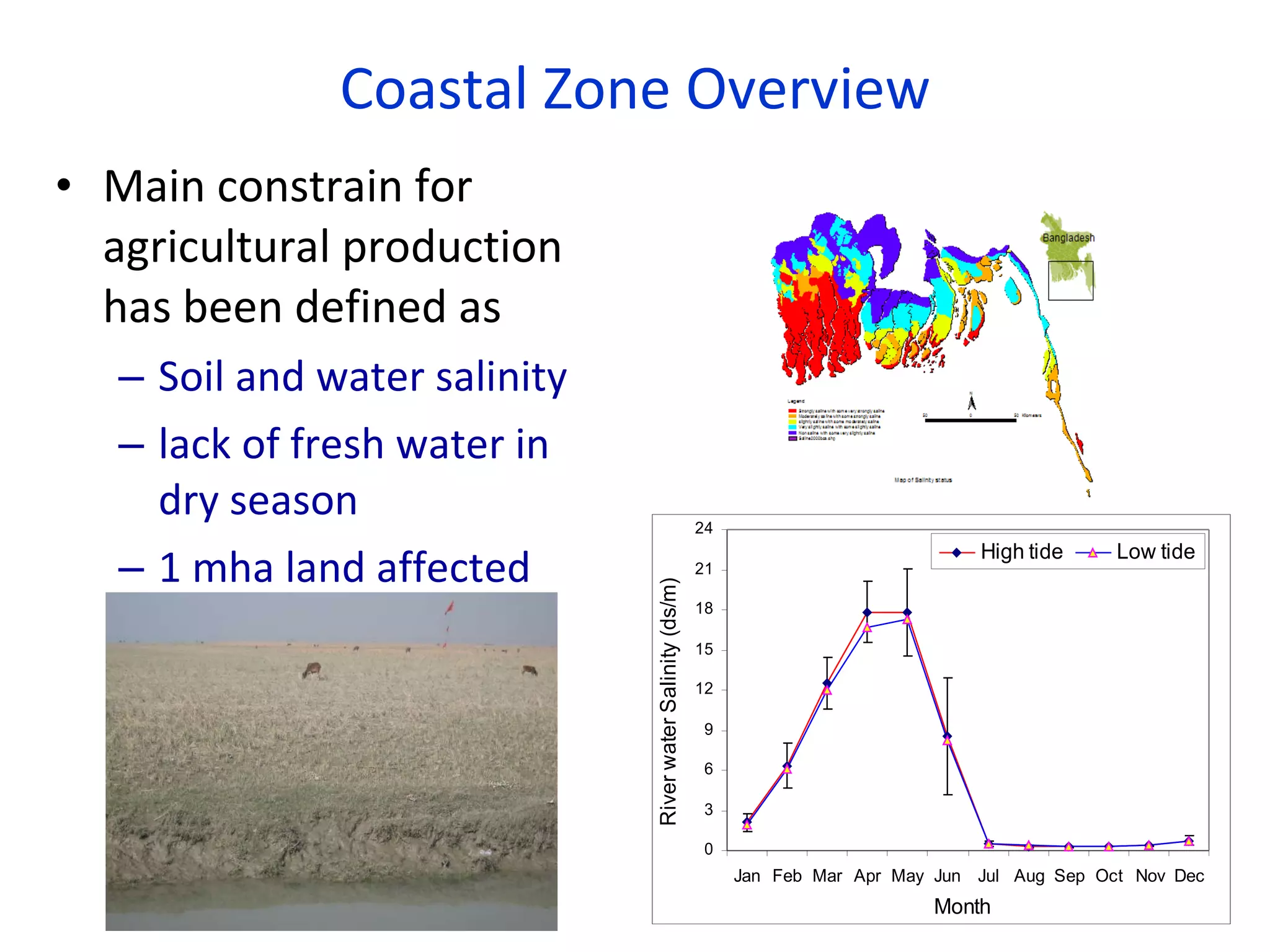 Coastal Zone Overview Main constrain for agricultural production has been defined as  Soil and water salinity  lack of fresh water in dry season 1 mha land affected  